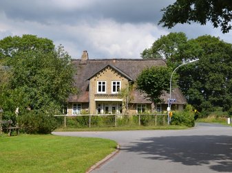 gelbes Steinhaus mit Reetdach