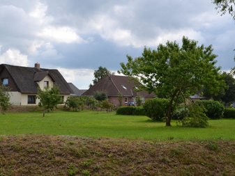 Häuser hinter einer Wiese