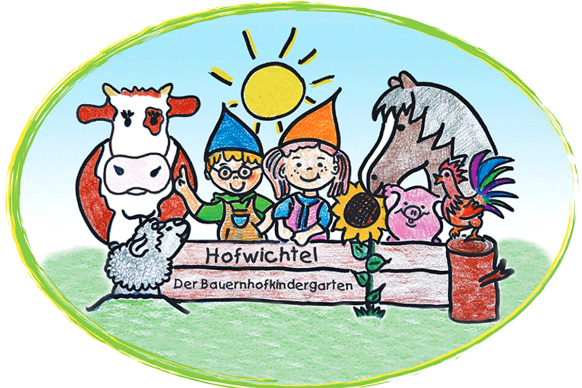 Logo des Bauernhofkindergartens mit Tieren und Kindern
