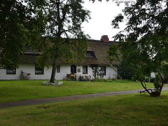 weißes Reetdachhaus