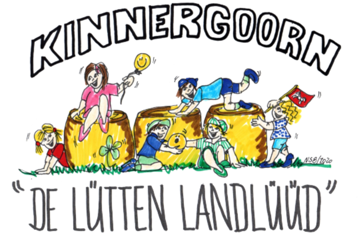Logo Kinnergoorn De lütten Landlüüd Kleve: spielende Kinder auf Strohballen
